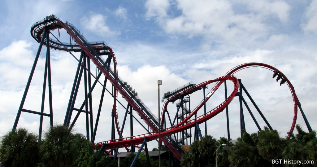 A wide shot of SheiKra at Busch Gardens Tampa Bay